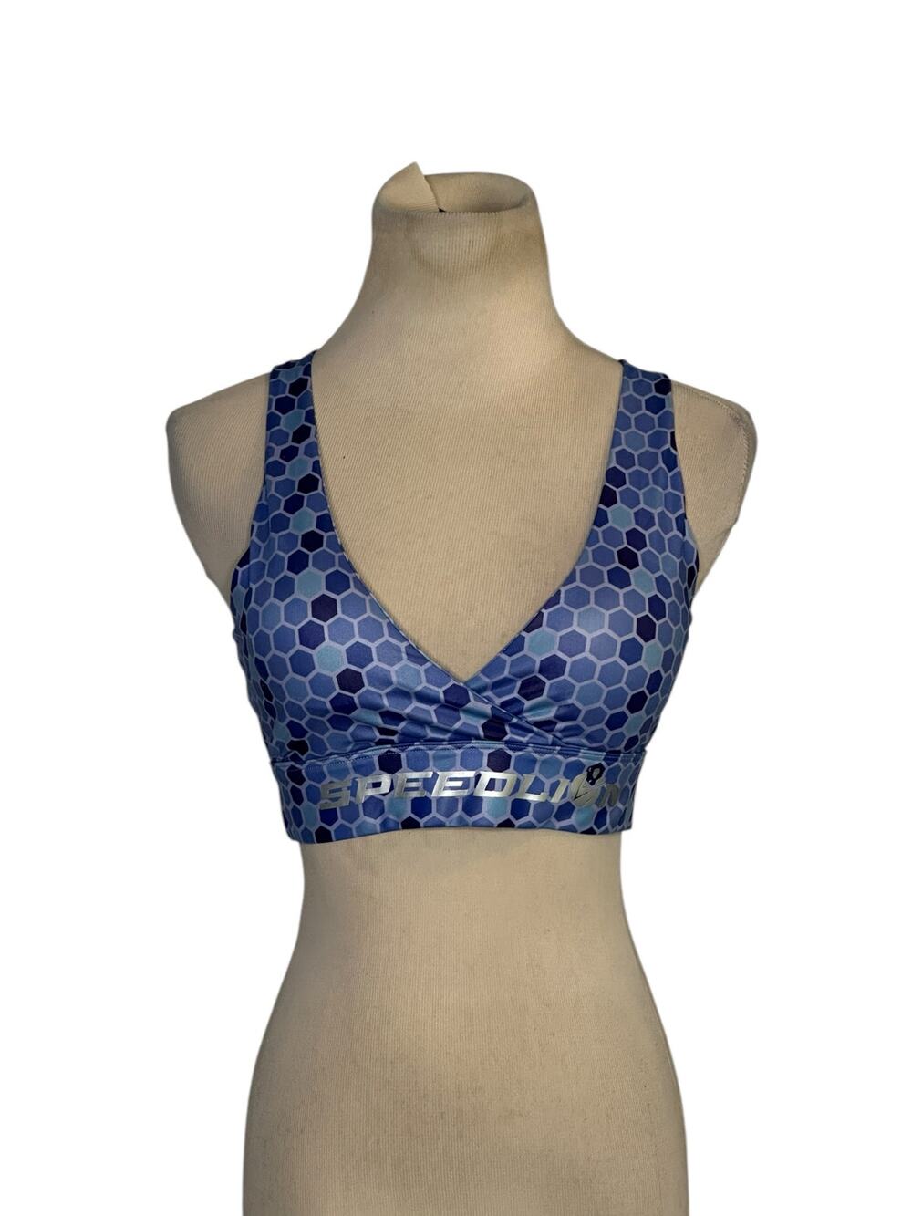 Speedlion blue geometrical cross back sports bra size M